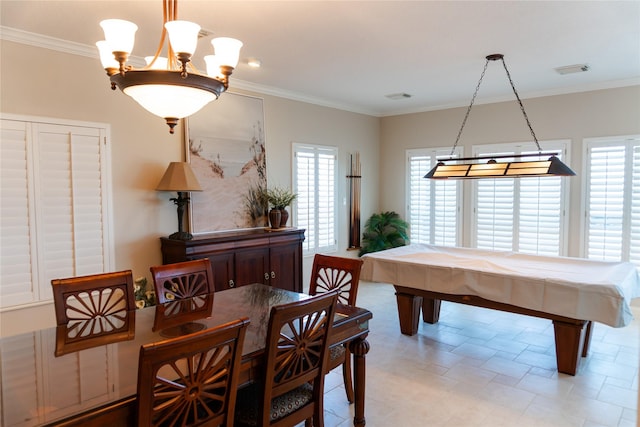 1554 Windsong Way, Tiki Island, TX 77554 - dining room featuring crown molding, billiards table, and a chandelier