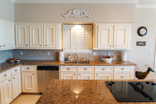 1554 Windsong Way, Tiki Island, TX 77554 - kitchen with dishwasher, a sink, black electric stovetop, backsplash, and ornamental molding
