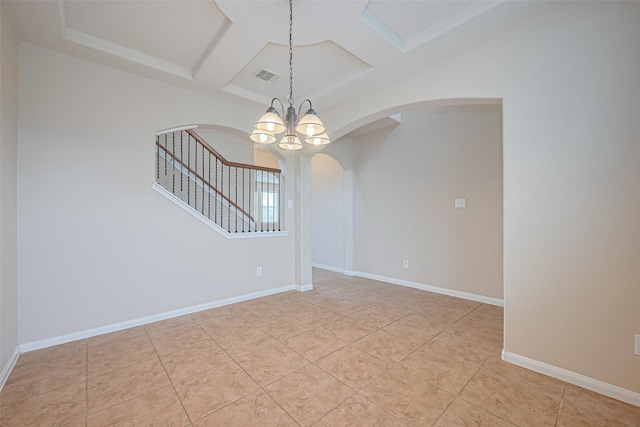 3722 Glover Meadows Ln, Houston, TX 77047 - unfurnished room with arched walkways, coffered ceiling, light tile patterned floors, a chandelier, and beamed ceiling