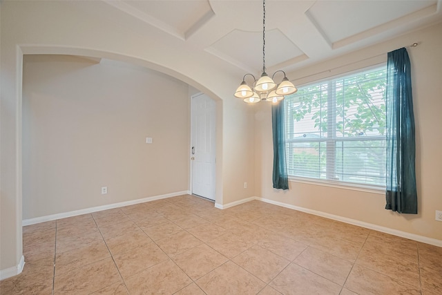 3722 Glover Meadows Ln, Houston, TX 77047 - spare room with a chandelier, arched walkways, light tile patterned floors, coffered ceiling, and beam ceiling