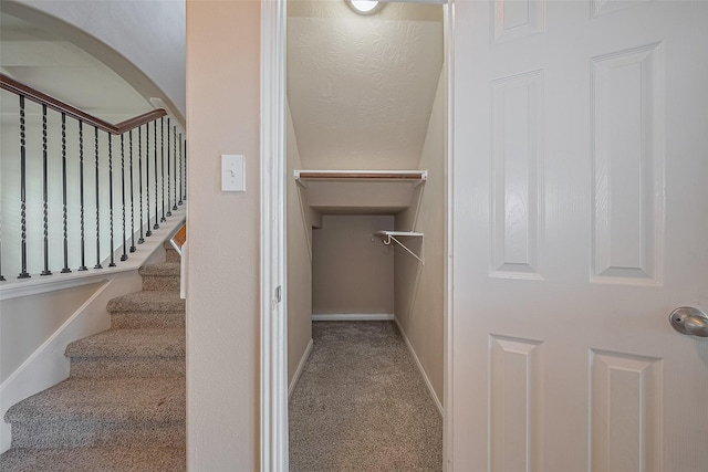 3722 Glover Meadows Ln, Houston, TX 77047 - staircase featuring carpet flooring, arched walkways, and baseboards