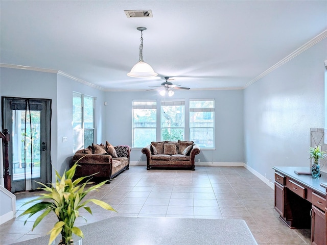 6318 Alpine Trail Ln, Katy, TX 77494 - living area featuring ornamental molding, ceiling fan, light tile patterned floors, and baseboards