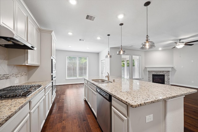 12 Centennial Ridge Pl, Magnolia, TX 77354 - kitchen with appliances with stainless steel finishes, a sink, under cabinet range hood, a ceiling fan, and dark wood finished floors