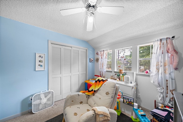 19527 Enchanted Spring Dr, Spring, TX 77388 - rec room featuring a textured ceiling, lofted ceiling, ceiling fan, and baseboards