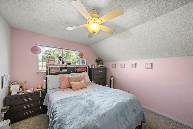 19527 Enchanted Spring Dr, Spring, TX 77388 - bedroom with carpet flooring, a textured ceiling, vaulted ceiling, ceiling fan, and baseboards