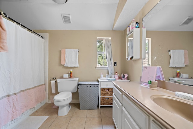 19527 Enchanted Spring Dr, Spring, TX 77388 - bathroom featuring toilet, vanity, tile patterned flooring, curtained shower, and baseboards