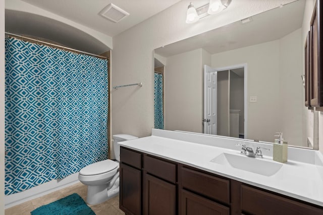 10606 Chestnut Pathway, Tomball, TX 77375 - bathroom featuring toilet, vanity, a shower with shower curtain, and tile patterned floors