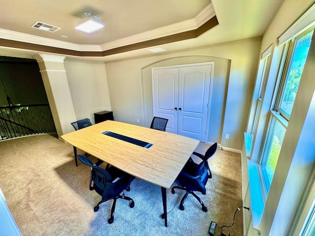7739 Augusta Creek Ct, Spring, TX 77389 - office area with carpet flooring, ornamental molding, ornate columns, healthy amount of natural light, and baseboards
