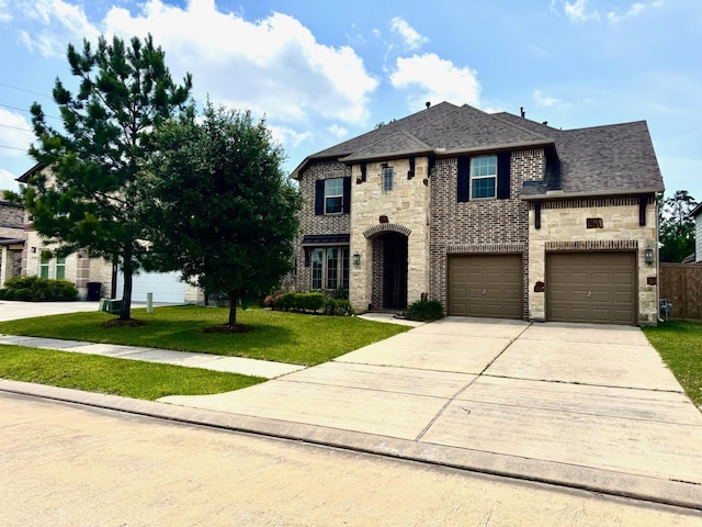 7739 Augusta Creek Ct, Spring, TX 77389 - french country home featuring a front yard, concrete driveway, stone siding, brick siding, and a garage