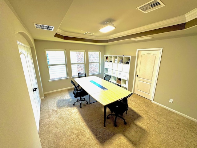 7739 Augusta Creek Ct, Spring, TX 77389 - home office featuring a tray ceiling, crown molding, light carpet, and baseboards