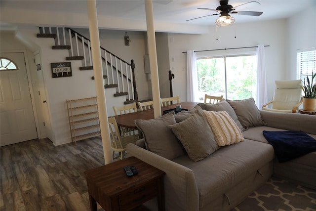 465 Creek Dr, Onalaska, TX 77360 - living room with wood finished floors, ceiling fan, and healthy amount of natural light