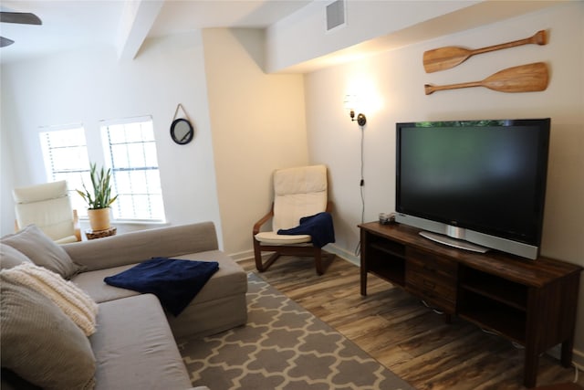 465 Creek Dr, Onalaska, TX 77360 - living room with wood finished floors, ceiling fan, and beamed ceiling