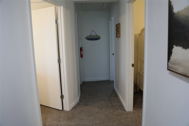465 Creek Dr, Onalaska, TX 77360 - hall with dark colored carpet and attic access