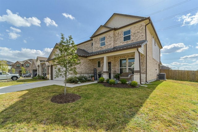 356 Selah Ct, Alvin, TX 77511 - craftsman house featuring brick siding, a garage, a porch, driveway, and cooling unit