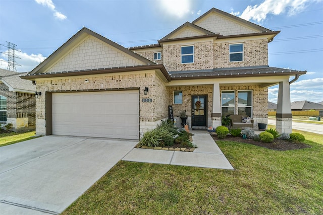 356 Selah Ct, Alvin, TX 77511 - view of front facade with brick siding, covered porch, a front lawn, driveway, and an attached garage