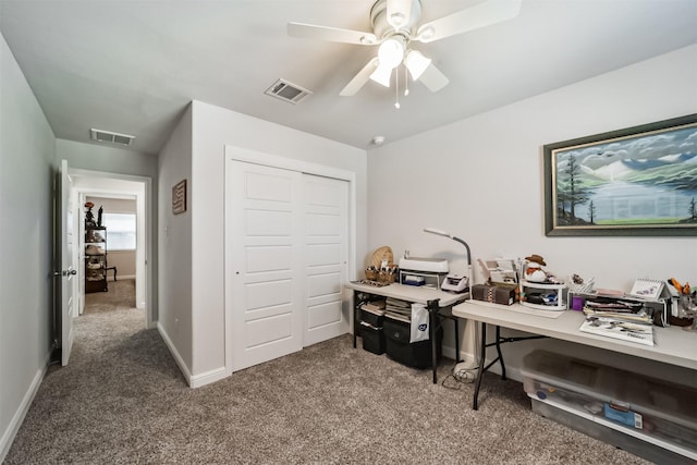 356 Selah Ct, Alvin, TX 77511 - carpeted home office featuring a ceiling fan and baseboards