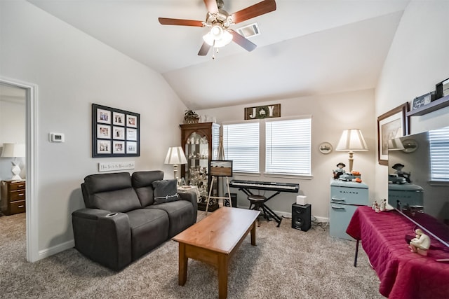 356 Selah Ct, Alvin, TX 77511 - carpeted living area with a ceiling fan, baseboards, and lofted ceiling