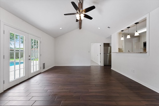 2510 Leichester Dr, Spring, TX 77386 - unfurnished living room with french doors, dark wood finished floors, ceiling fan, and baseboards