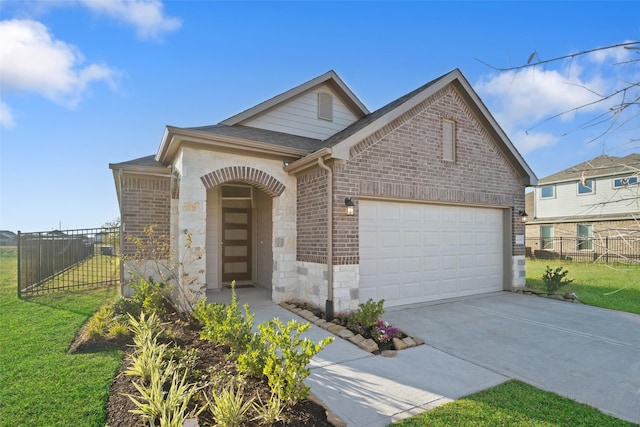 1448 Sundown Glen Dr, Katy, TX 77493 - view of front of property with brick siding, concrete driveway, an attached garage, stone siding, and roof with shingles
