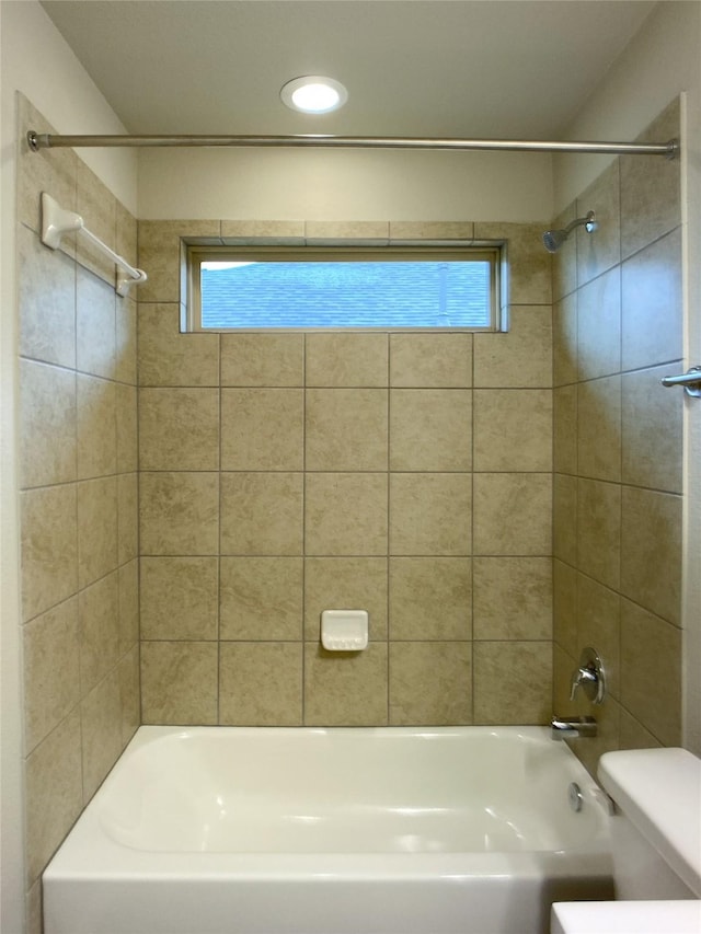 27203 Blue Pool Dr, Katy, TX 77493 - bathroom featuring toilet, healthy amount of natural light, tub / shower combination, and recessed lighting