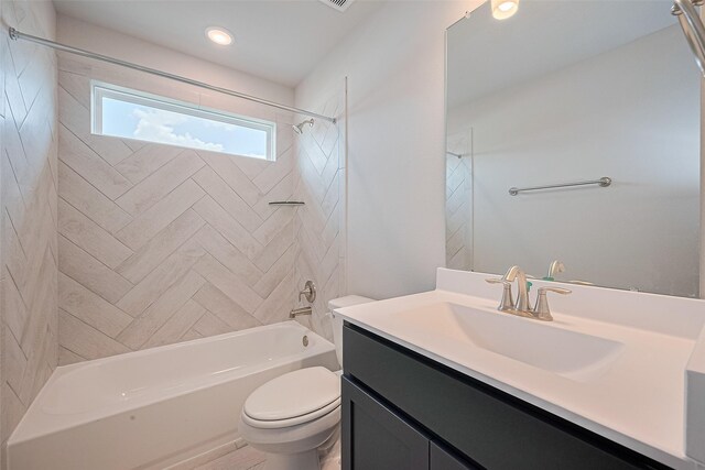 27203 Blue Pool Dr, Katy, TX 77493 - bathroom with toilet, vanity, bathing tub / shower combination, and recessed lighting