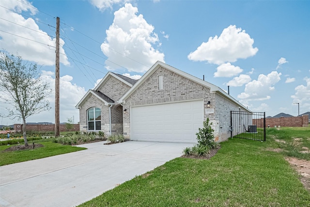 27203 Blue Pool Dr, Katy, TX 77493 - view of front facade with a garage, concrete driveway, brick siding, central air condition unit, and stone siding