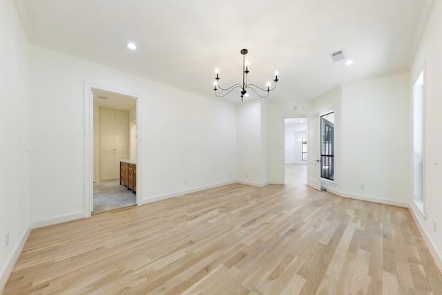 4528 S Evergreen St, Bellaire, TX 77401 - empty room featuring a chandelier, light wood-type flooring, ornamental molding, baseboards, and recessed lighting