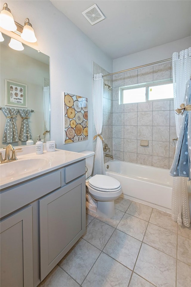 1472 Sundown Gln, Katy, TX 77493 - bathroom featuring shower / bathtub combination with curtain, vanity, toilet, and tile patterned flooring