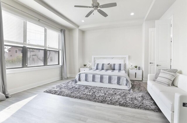 4104 Marina St, Houston, TX 77007 - bedroom featuring wood finished floors, recessed lighting, and a ceiling fan