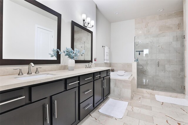 4104 Marina St, Houston, TX 77007 - full bathroom featuring a garden tub, a stall shower, double vanity, and marble finish floors