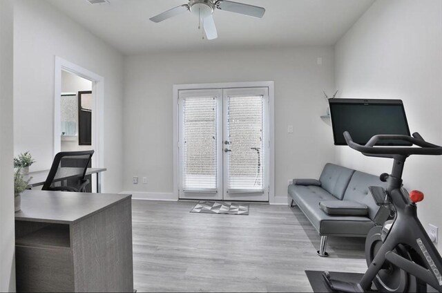 4104 Marina St, Houston, TX 77007 - office with french doors, wood finished floors, and a ceiling fan