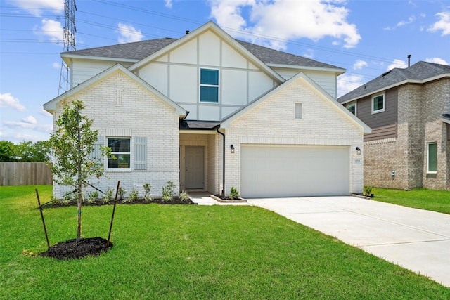 3211 Falling Brook Dr, Baytown, TX 77521 - tudor house featuring concrete driveway, roof with shingles, brick siding, and an attached garage