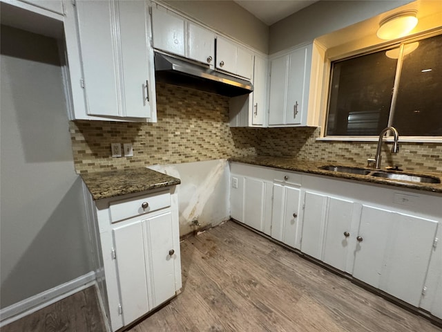 1102 Laurentide St, Houston, TX 77029 - kitchen with a sink, under cabinet range hood, light wood-type flooring, white cabinetry, and decorative backsplash