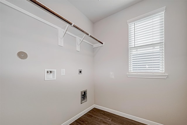 10155 Red Snapper Rd, Magnolia, TX 77354 - laundry room featuring electric dryer hookup, dark wood-type flooring, baseboards, and washer hookup