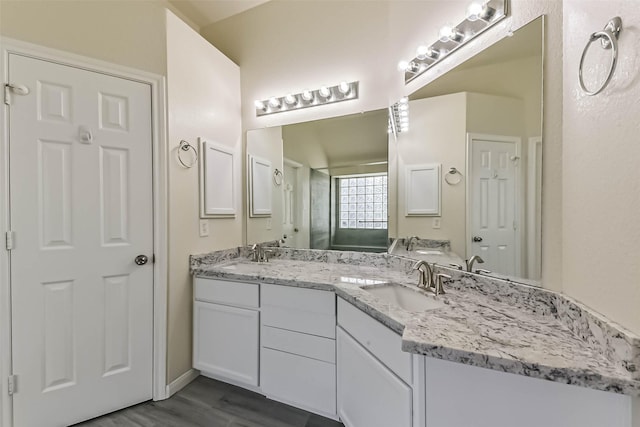 3506 Hickory Hill Ln, Montgomery, TX 77356 - bathroom featuring double vanity and wood finished floors