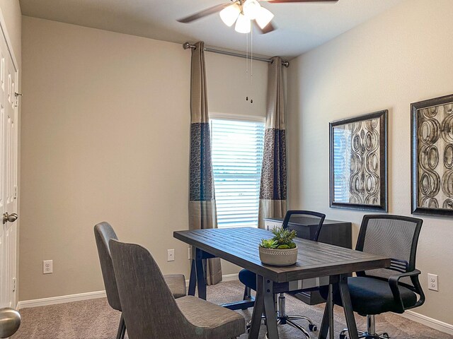 2220 Manila Ln, Texas City, TX 77568 - dining space featuring a ceiling fan, carpet, baseboards, and a desk