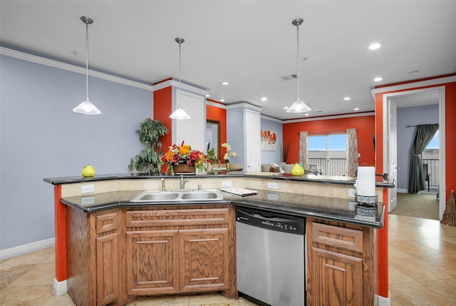 7039 Kingston Cove Ln Unit 309, Willis, TX 77318 - kitchen featuring dishwasher, a sink, ornamental molding, baseboards, and brown cabinets