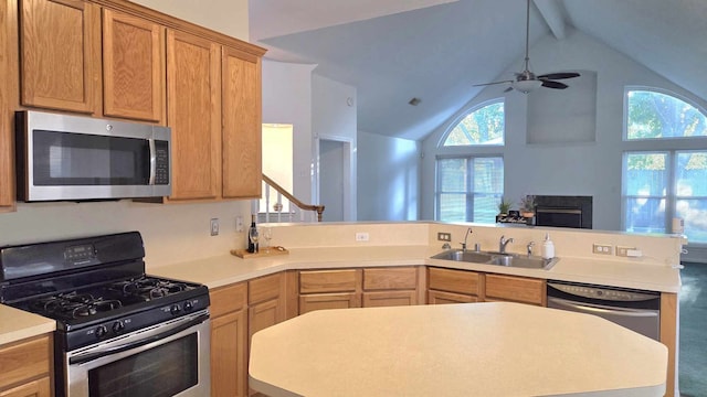 11143 Dawn Harvest Dr, Houston, TX 77064 - kitchen featuring appliances with stainless steel finishes, a peninsula, a sink, ceiling fan, and light countertops