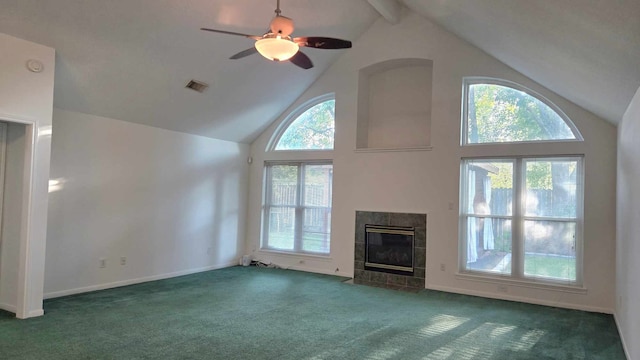 11143 Dawn Harvest Dr, Houston, TX 77064 - unfurnished living room featuring high vaulted ceiling, carpet flooring, beamed ceiling, a ceiling fan, and a tiled fireplace