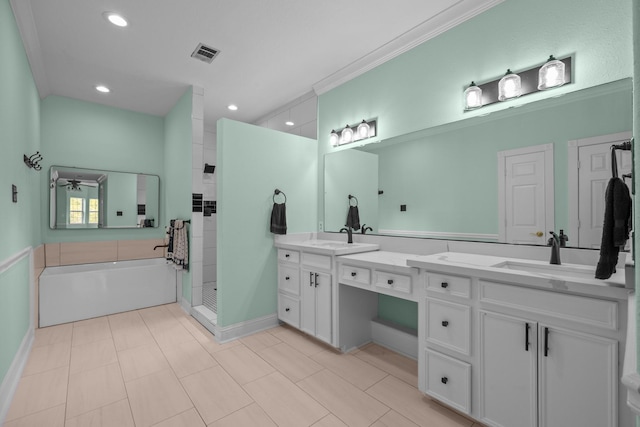 2350 Hawk Mdws, Pearland, TX 77581 - full bathroom featuring double vanity, a bath, tiled shower, recessed lighting, and crown molding