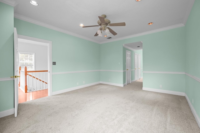 2350 Hawk Mdws, Pearland, TX 77581 - spare room with carpet floors, a ceiling fan, recessed lighting, crown molding, and baseboards
