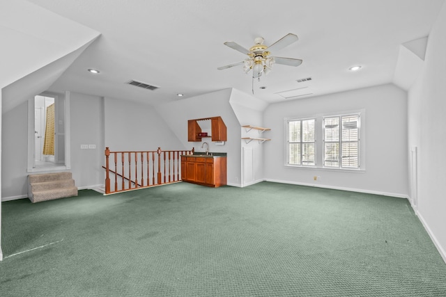 2350 Hawk Mdws, Pearland, TX 77581 - unfurnished living room featuring recessed lighting, dark colored carpet, a sink, a ceiling fan, and baseboards