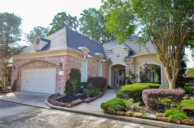 7 Champion Villa Dr, Houston, TX 77069 - french country inspired facade featuring brick siding, an attached garage, driveway, roof with shingles, and stucco siding