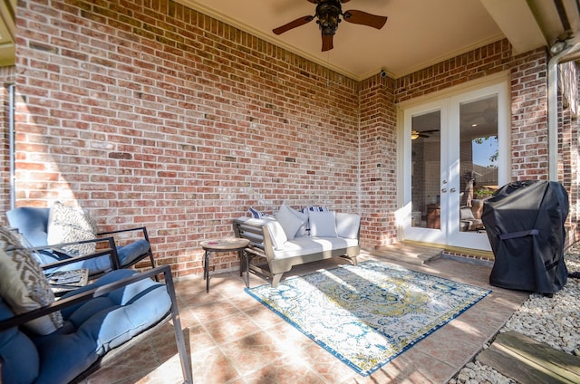 7 Champion Villa Dr, Houston, TX 77069 - view of patio / terrace featuring french doors, a ceiling fan, a grill, and outdoor lounge area