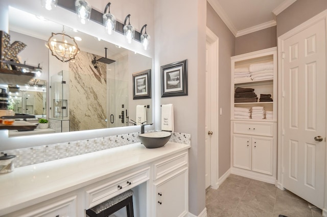 7 Champion Villa Dr, Houston, TX 77069 - bathroom featuring a marble finish shower, crown molding, and vanity
