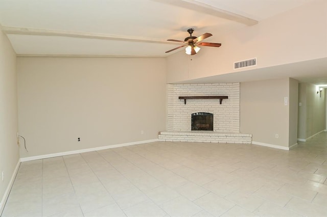 5502 Irish Hill Dr, Houston, TX 77053 - unfurnished living room with a ceiling fan, a fireplace, light tile patterned flooring, and baseboards
