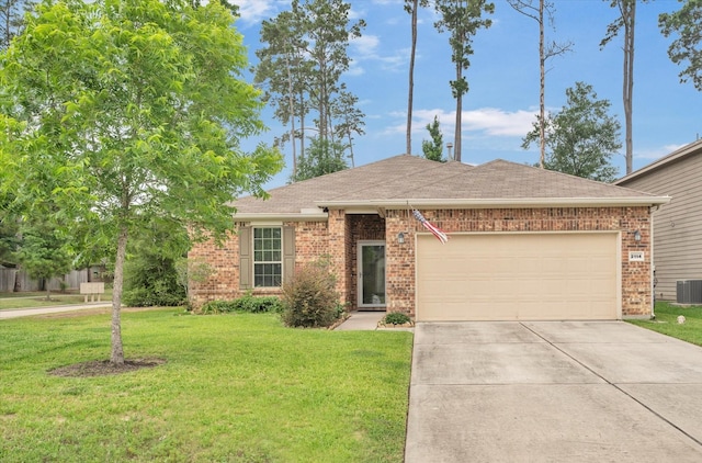2114 Lost Timbers Dr, Conroe, TX 77304 - ranch-style house featuring brick siding, concrete driveway, a front yard, a garage, and roof with shingles