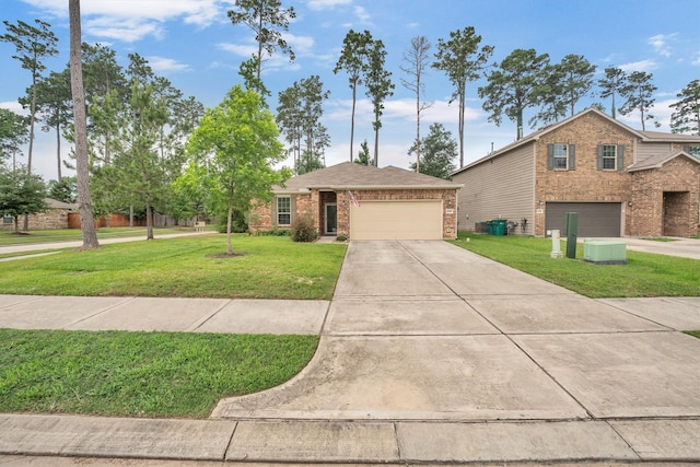 2114 Lost Timbers Dr, Conroe, TX 77304 - view of front of house featuring brick siding, driveway, a front yard, and a garage