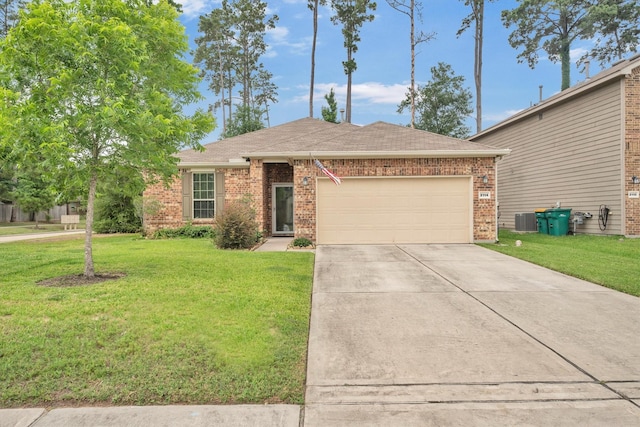 2114 Lost Timbers Dr, Conroe, TX 77304 - single story home with brick siding, a garage, concrete driveway, a front yard, and central air condition unit