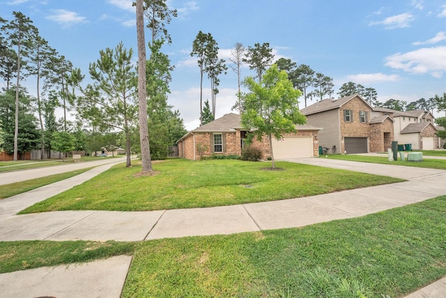2114 Lost Timbers Dr, Conroe, TX 77304 - view of front of house with brick siding, concrete driveway, a front yard, and a garage